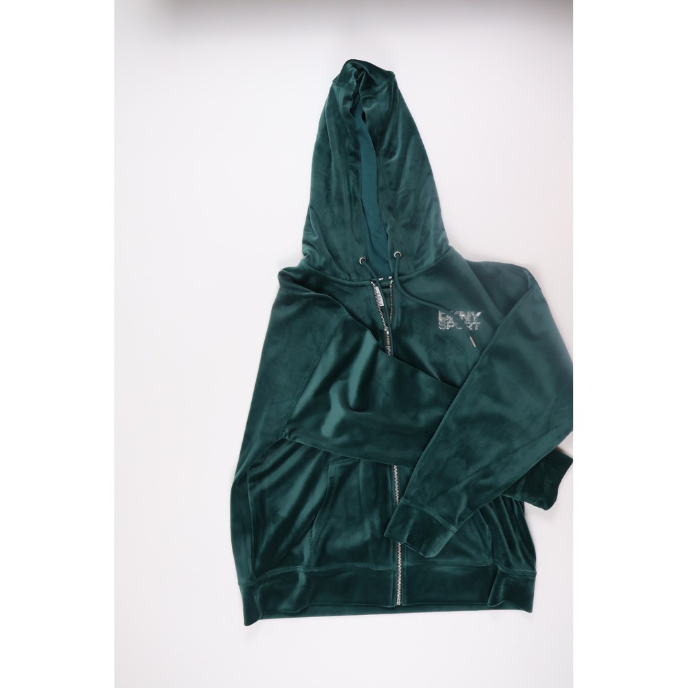 DKNY Sport Womens Hoodie Velour Full Zip Rhinestone Logo Green Large NWT